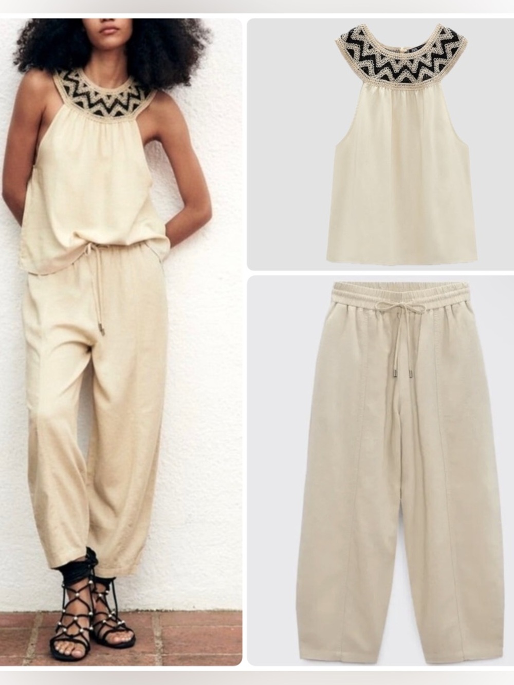 ZARA Cotton/Linen/Viscose Cream Embroider Halter Top & Barrel Pants SET NWT $159